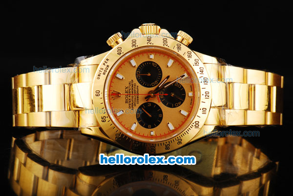 Rolex Daytona Swiss Valjoux 7750 Chronograph Movement Full Gold with Black Subdials and White Stick Marker - Click Image to Close